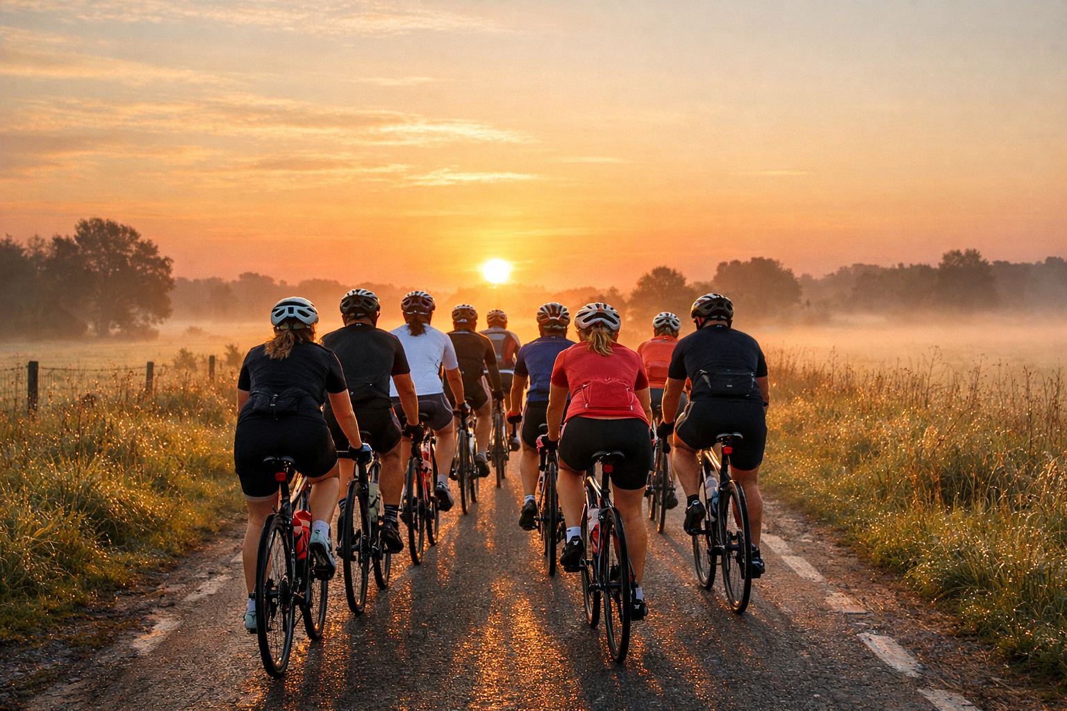 En klunga med cyklister som cyklar bort mot soluppgngen Man ser ryggarna p dem Krispig luft Sommarmorgonknsla med dagg i luften Blandat kvinnor och mn-1